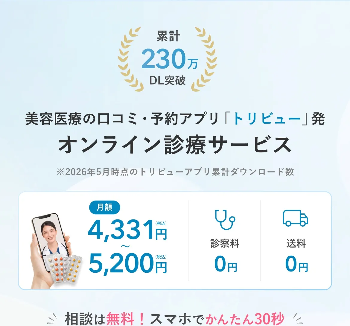 累計230万DL突破 ※2026年5月時点のトリビューアプリ累計ダウンロード数 月額4,331円（税込）〜5,200円（税込） 診察料0円 送料0円 相談は無料！スマホでかんたん30秒