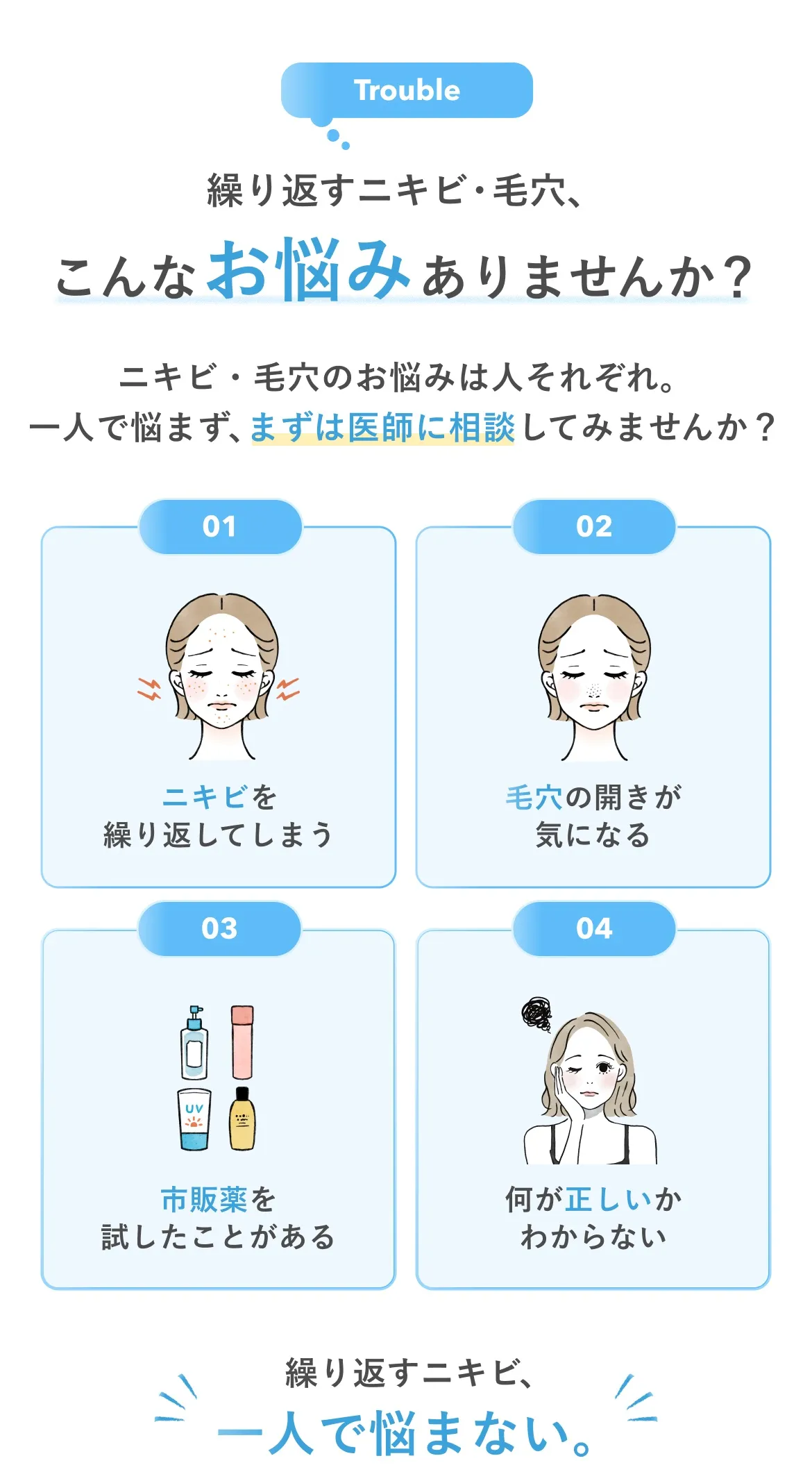 繰り返すニキビ・毛穴、こんなお悩みありませんか？ 01 ニキビを繰り返してしまう 02 毛穴の開きが気になる 03 市販薬を試したことがある 04 何が正しいかわからない 繰り返すニキビ、一人で悩まない。
